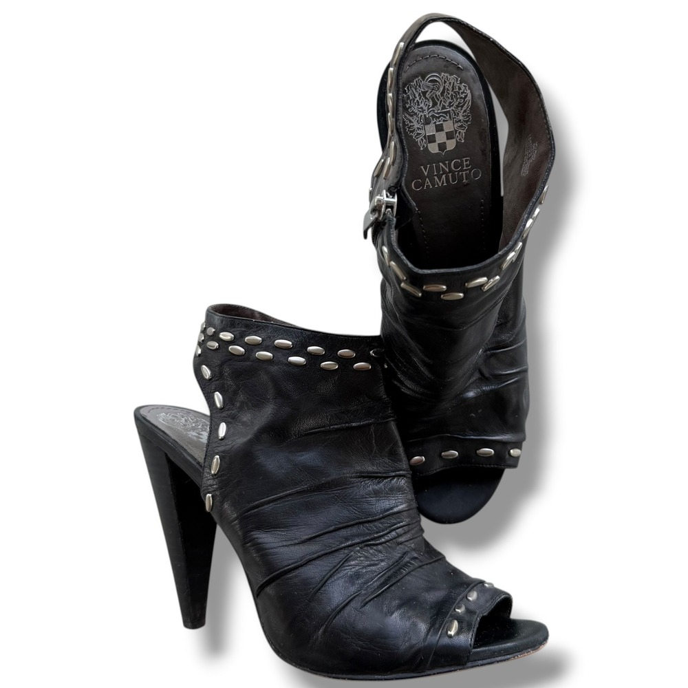 Vince Camuto Women's 9B Black Leather Ruched Studded Peep Toe AVO Heeled Sandals